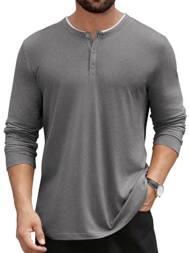 Hardaddy Men's Long Sleeve Henley Shirts Casual Color Block Henley Button T-Shirt Tops Deep Gray M - Image 1