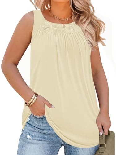 Beautife Women Plus Size Sleeveless Tank Tops Loose Fit Smocked Crew Neck Summer Casual Curved Hem Tunic Tees Beige - Image 1