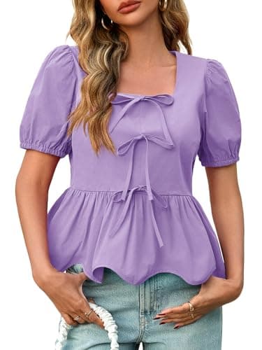 Tankaneo Womens Summer Peplum Babydoll Tops Square Neck Short Puff Sleeve Blouses Cute Ruffle Bow Shirts Purple - Image 1