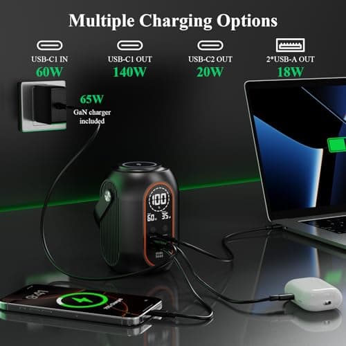 Minthouz 140w 54000mAh Laptop Power Bank with 65W Power Adapter, Versatile Camping Lighting, Wireless Charging, Smart Display, Portable Power Station for iPhone 17/16/15 Pro Max, MacBook, Dell, HP - Thumbnail 3