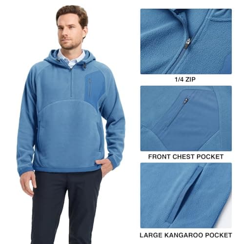 Rouen Polar Fleece Hoodie Men Sweatshirt Microfleece Soft Athletic Casual Warm Hooded Golf Quarter Zip Pullover Men Misty Blue - Thumbnail 5