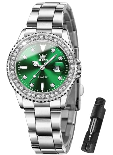 OLEVS Green Faced Watch Women Elegant Small Wrist Diamond Waterproof Stainless Steel Dress Watches for Women Dainty Luxury Analog Quartz Ladies Watches Reloj para Mujer - Image 1