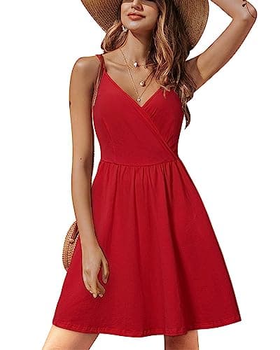 STYLEWORD Women's Summer Sundress Spaghetti Strap V Neck Casual Flowy Sundress with Pocket Cruise Outfits 2026(Wine-429,M) - Image 1