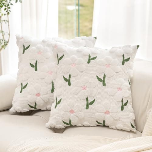 KIDHABE Spring Summer Pillow Covers 18x18 inch Set of 2, White Daisy Floral with Pink Stamen Pillow Cases, Soft Plush Faux Fur Jacquard Throw Pillows for Sofa Couch Holiday Spring Home Decor