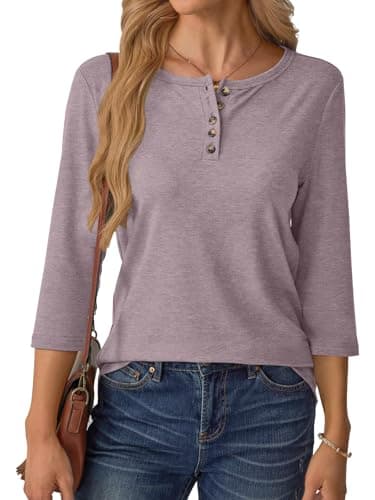 GKBK 3/4 Sleeve Womens Tops Fall Clothes Henley Casual Spring Summer Lightweight Basic Tunic Shirts Gray Purple - Thumbnail 2
