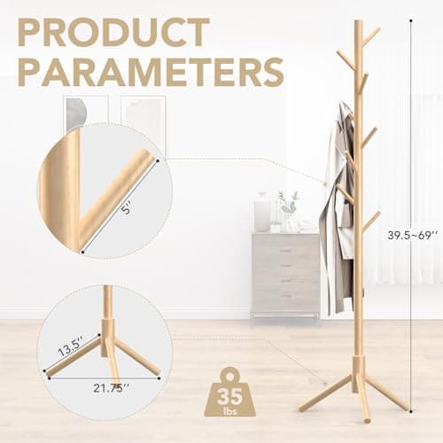OUTGAVA Wooden Coat Rack Freestanding with 8 Hooks,Easy Assembly New Zealand Pine Tree Coat Racks, 3 Adjustable Sizes for Clothes, Hats, Bags, for Entryway, Hallway, Bedroom, Office (Natural, 1 PC) - Thumbnail 2
