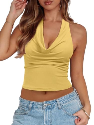 REORIA Women's Cowl Neck Going Out Halter Tank Tops Backless Double Lined Y2k Shirts Cute Summer Trendy Sleeveless Crop Tops - Image 1
