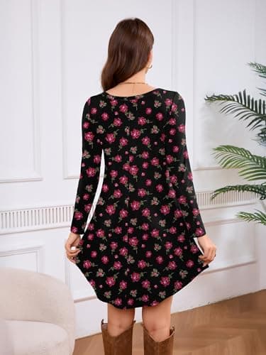 DEARCASE Women's Long Sleeve T Shirt Dress Floral Black Pink Rose Flower Large Crewneck Knee Length Loose Casual Flowy Swing Tunic Dresses with Pockets - Thumbnail 3