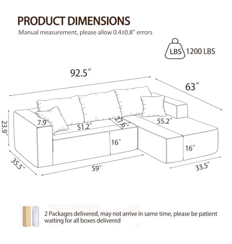 92.5" Modular Sectional Sofa, L-Shape Cloud Couch with Deep Seats & Chaise, 4-in-1 Covertible Corduroy Boneless Couches for Living Room, Bedroom, No Need Assembly - Green - Thumbnail 2