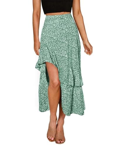 BTFBM Women 2026 Spring Summer Long Skirts Dress Boho Floral Elastic Waist Split Ruffle High Low Beach Maxi Skirt Clothes(Print Floral Green, Large) - Image 1
