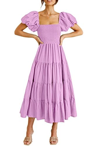 PRETTYGARDEN Women's Casual Summer Midi Dress Puffy Short Sleeve Square Neck Smocked Tiered Ruffle Dresses (Light Purple,Medium) - Image 1