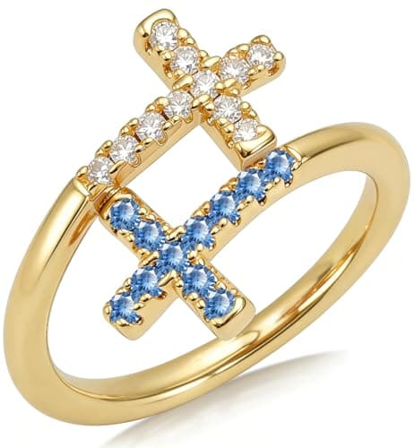 Helirose Adjustable Double Cross Ring for Women, 14K Gold Plated CZ Open Band, Non Tarnish Dainty Fashion Jewelry, Stackable Statement Ring, Valentines Day Gift for Her (Blue-White) - Image 1