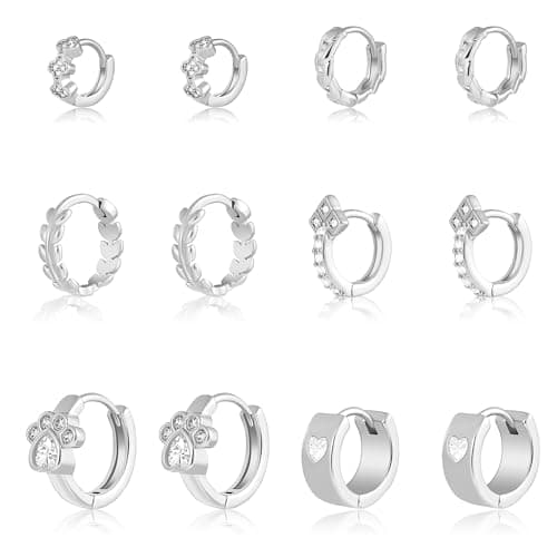 Wgoud Small Gold Hoop Earrings Set for Women, 6 Pairs 14K Gold Plated Hypoallergenic Lightweight Huggie Hoops Earrings, Trendy Cartilage Cubic Zirconia Earrings for Women Gifts. (D-Silver hoops) - Image 1