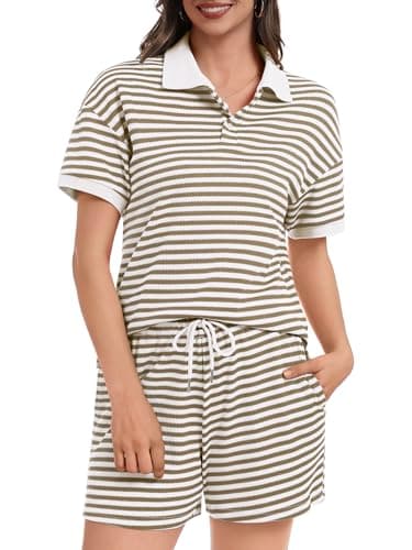 Casly Lamiit Shorts Sets Women 2 Piece Outfits Summer Striped Knit Set V Neck Short Sleeve T Shirts Drawstring Sweatsuit Loungewear 2026 Clothes Brown White XL - Image 1