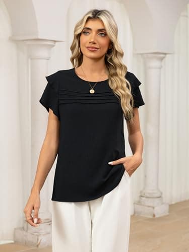 Funlingo Womens Dressy Casual Tops Summer Business Work Blouses Ruffle Short Sleeve Crew Neck Pleated Shirts Trendy Outfits 2026 Black 2XL - Thumbnail 2