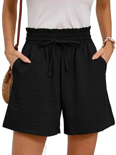 Moodclo Summer Casual Shorts Black Large with Pockets Loose Fitting 2025 Clothes High Waisted Wide Leg Drawstring Beach Vacation Trendy Outfits - Image 1