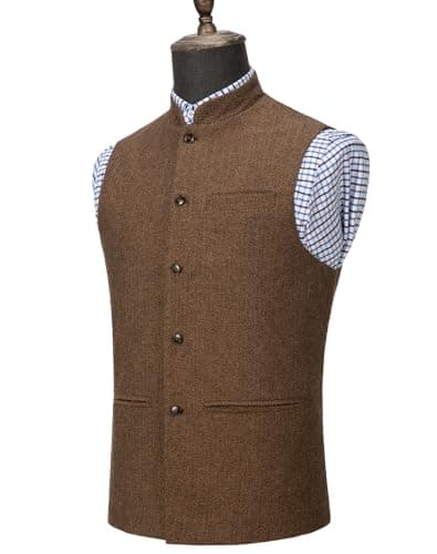 Tuikayoo Mens Herringbone Wool Vests Suit Business Tweed High Collar Waistcoats Slim Fit(Medium, Red) - Thumbnail 3
