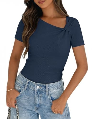 MEROKEETY Women's Summer Asymmetrical Short Sleeve Tops 2026 Casual Dressy Ruched Fitted Y2K Going Out Date Night T Shirts, Navy, XL - Image 1