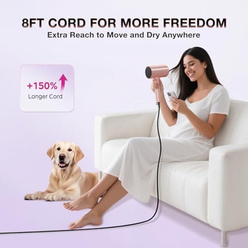 BABONIR Ionic Diffuser Hair Dryer for Curly Hair, 1875W Fast Drying Blow Dryer with Diffuser and Concentrator Nozzle, Compact & Portable Negative Ion Hairdryer Blowdryer, 3 Heat 2 Speed Settings, Pink - Thumbnail 6