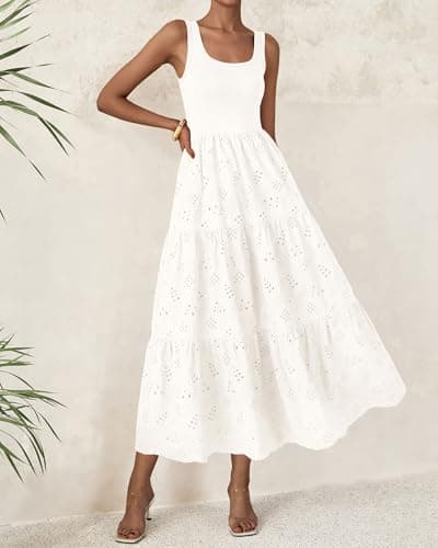 BTFBM Women Summer Eyelet Midi Dresses Casual Spring 2026 Sleeveless A Line Flowy Vacation Beach Wedding Guest Sun Dress(White, Medium) - Thumbnail 2