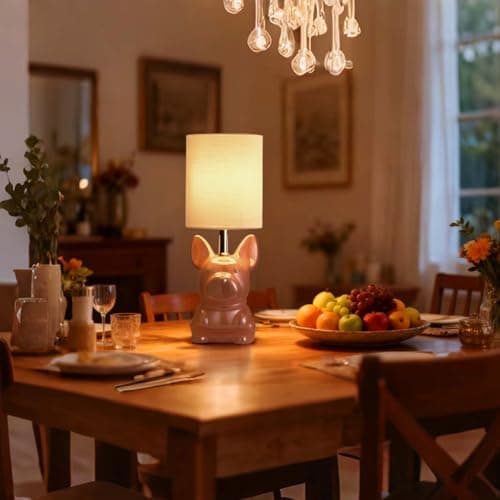 EOEYYOYB Set of 2 Ceramic Table Lamp, Puppy Shape Desk Lamp Cute Bedside Lamp for Nightstand, Living Room, Bedroom, Gifts for Kids Girls, 4W LED Bulb Included, Pink - Thumbnail 4