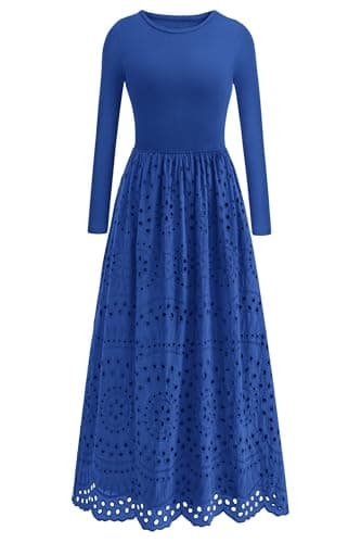 dowerme Women Spring Dresses 2026 Casual Long Sleeve Crewneck A-Line Boho Eyelet Cotton Maxi Wedding Guest Dress Pockets(Blue,Small) - Image 1