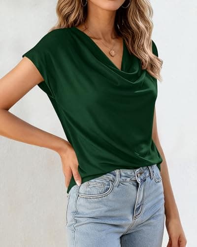 BTFBM Cowl Neck Tops for Women 2026 Spring Womens Tops Dressy Casual Business Blouses Short Sleeve Shirts Summer Outfits(Green, XX-Large) - Thumbnail 5