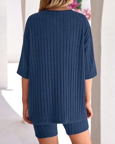 KIRUNDO Short Sets For Women Summer 2 Piece Matching Lounge Sets Casual Rib Knit Tshirts Biker Shorts Beach Vacation Outfits (Blue, X-Large) - Thumbnail 5