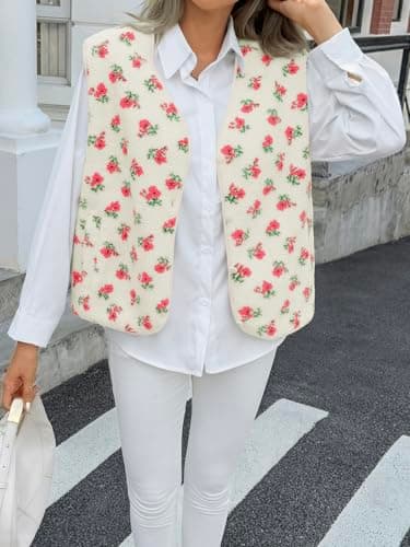 Cicy Bell Womens Fuzzy Fleece Vest Fall Floral Sleeveless Sherpa Jacket Lightweight Button Down Warm Outerwear with Pockets - Thumbnail 6