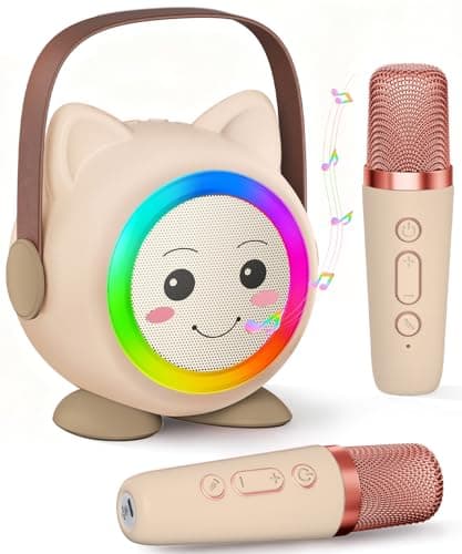 Mini Karaoke Machine Toy for Kids, Portable Karaoke Machine with 2 Wireless Microphone for 4,5,6,7,8,9,10,11,12+ Years Old Christmas Birthday Gifts Girls Boys (Beige) - Image 1