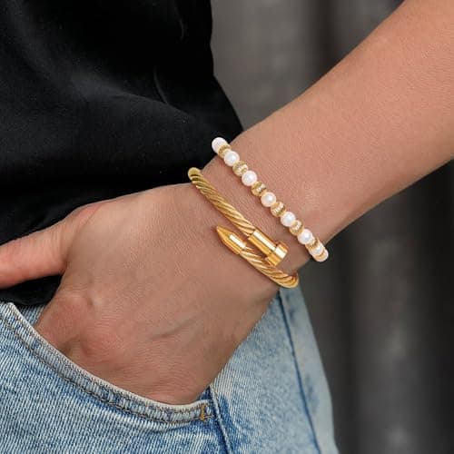 LCTrusttmor Gahna 18K Gold Plated Bangle Bracelet for Women, Non-Tarnish Stackable Nail Bracelets Set With Beaded, Dainty Adjustable Cubic Zirconia Snake Chain With Pearl Crystal Beaded, Trendy Jewelry Mother's Day Birthday Gifts for Lover Mom Her - Thumbnail 3