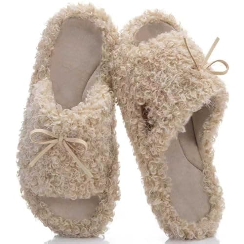 BOVTY Women's Fuzzy Open-toe Bowknot & Double-Strap Slippers, Memory Foam Non-Slip Indoor House Slides - Image 1