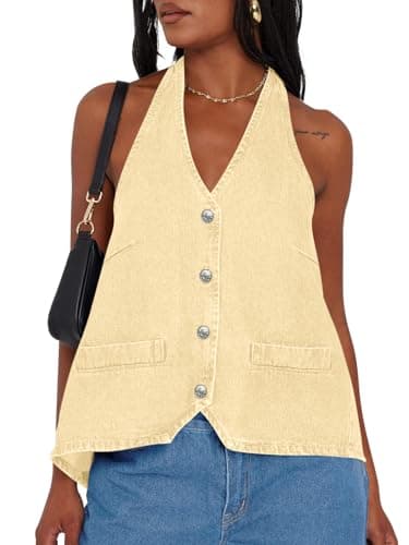Tankaneo Womens Halter Denim Vest Tops Summer Open Back Y2K Going Out Tank Tops V Neck Button Down Jean Shirts - Image 1