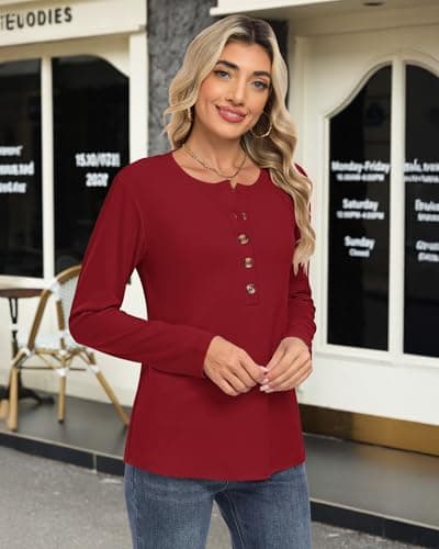 WNEEDU Winter Clothes for Women Warm Button Down Henley Long Sleeve Shirt Fall Fashion Casual Sweatshirt(Red,XL) - Thumbnail 2