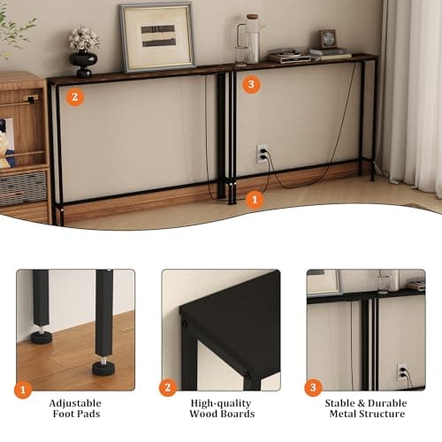 Azaeahom 78" Narrow Console Table,Sofa Table with Charging Station, Narrow Long Entryway Table，Behind Couch Table,for Living Room, Hallway, Foyer(Set of 2,Brown) - Thumbnail 5