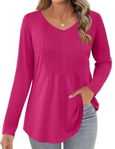 JUSTFASHIONNOW Long Sleeve Tops for Women Fall Shirts V Neck Trendy Casual Tunic Rose Red Pleated Blouse Business Dressy Outfits Tops for Leggings (Rose Red, Medium) - Thumbnail 3