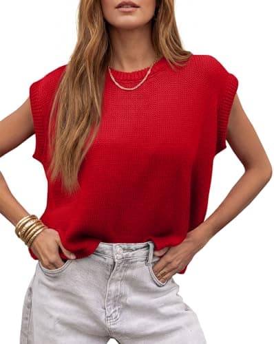 Saodimallsu Womens Cap Sleeve Sweater Vest Sleeveless Crew Neck Casual Loose Knit Pullover Summer Tops Red - Image 1