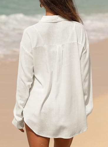 Astylish Womens Lightweight Loose Fit Flowy Tunic Tops Office Casual Spring Summer Linen Cotton Gauze Button Up Shirts Roll Up Long Sleeve V Neck Camp Trendy Soft Cute Simple Blouses White Small - Thumbnail 5