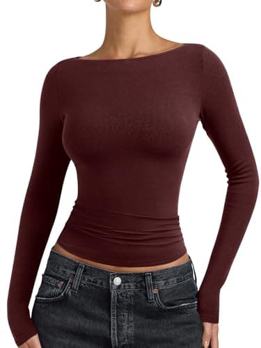 PINKMSTYLE Womens Boat Neck Long Sleeve Undershirt Basic Slim Fit Tees Fall Outfits for 2026 Burgendy XX-Large - Image 1