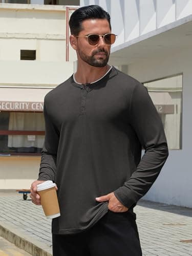Hardaddy Men's Long Sleeve Henley Shirts Casual Color Block Henley Button T-Shirt Tops Black M - Thumbnail 4