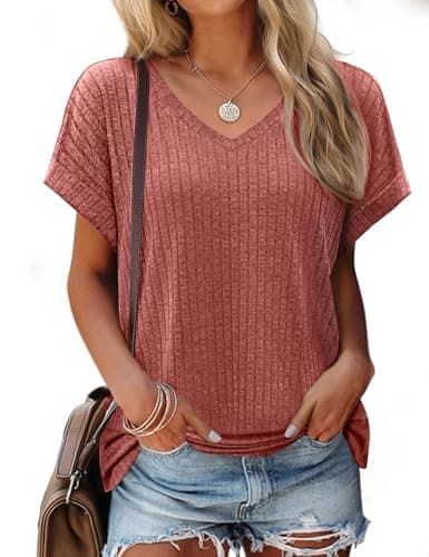 JUSTFASHIONNOW Womens Summer Tops 2026 Trendy Short Sleeve V Neck T Shirts Split Side Plus Size Tops Flowy Blouses Vacation Outfits Wine Red XL - Image 1