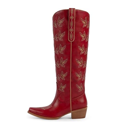 QIY Womens Cowboy Boots Red Cowgirl Boots for Nashville Embroidered Knee High Pointed Toe Chunky Heel Western Cow Girl Boot Size 7.5 - Image 1