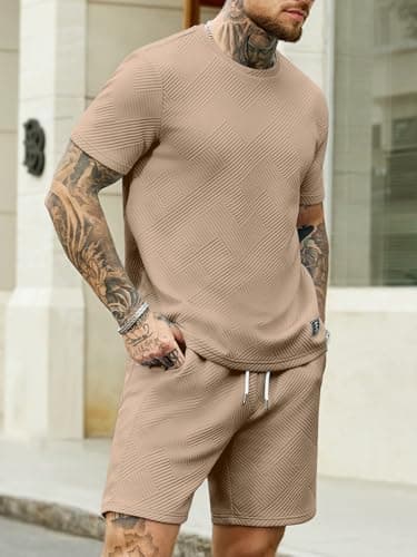 JEMLDL Mens Summer Sets 2 Piece Outfit Jacquard Texture T-Shirt Shorts Casual Short Sleeve Lounge Wear Sweatsuit Dark Khaki S - Thumbnail 3
