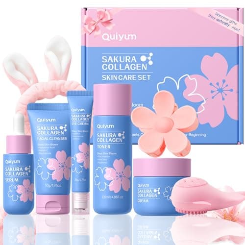 QUIYUM Sakura Collagen Skincare Set - 8-Piece Glass Skin Routine with Cleanser, Toner, Serum, Eye Cream, Moisturizer | Hydration, Firm, Glow for All Skin Types, Skin Care Gift Sets, for Mother's day - Image 1
