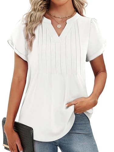 Funlingo Dressy Casual Tops for Women Short Ruffle Sleeve Business Work Blouse 2026 Spring Professional Office Pleated White Shirts M - Image 1