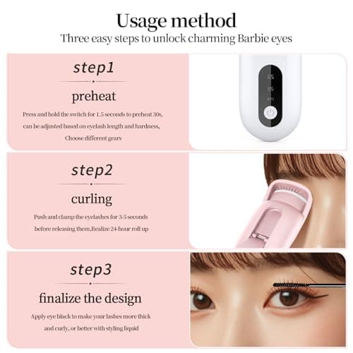 Hsenowi Heated Eyelash Curler for Natural Lashes 2 Level Adjustable Temperature Mini Electric Lash Curler Fast 3 Second Heat Up 24 Hours Long Lasting Curl (PinkBlack) - Thumbnail 6