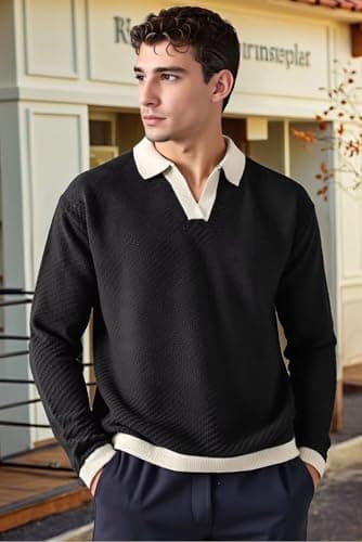 BAYAMO Mens Polo Sweater V Neck Long Sleeve Pullover Sweater Casual Knit Textured Sweater Black M - Thumbnail 4