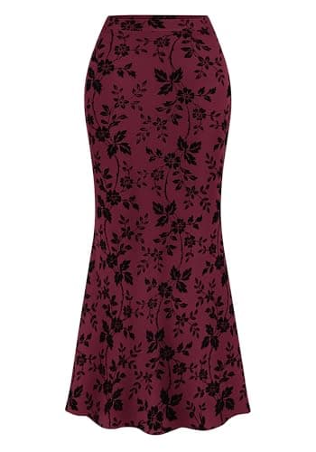 BTFBM Womens Floral Mesh Maxi Skirt 2026 Spring Summer Elastic High Waisted Boho Elegant Mermaid Long Skirts for Women(Burgundy, XX-Large) - Image 1