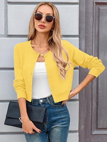 Heymoments Women Cropped Cardigan Bolero Shrug Yellow X-Large Button Down Long Sleeve Crewneck Casual Business Ladies Open Front Knit Lightweight Coat Fall Tops Sweater for Dresses Jean - Thumbnail 4
