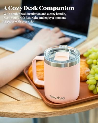 avodvo 12oz Insulated Coffee Mug with Lid – Includes Two Lids, Stainless Steel Coffee Travel Mug with Handle, Double Wall Vacuum Insulated Camping Mug for Home, Office & Outdoor, Light Pink - Thumbnail 5